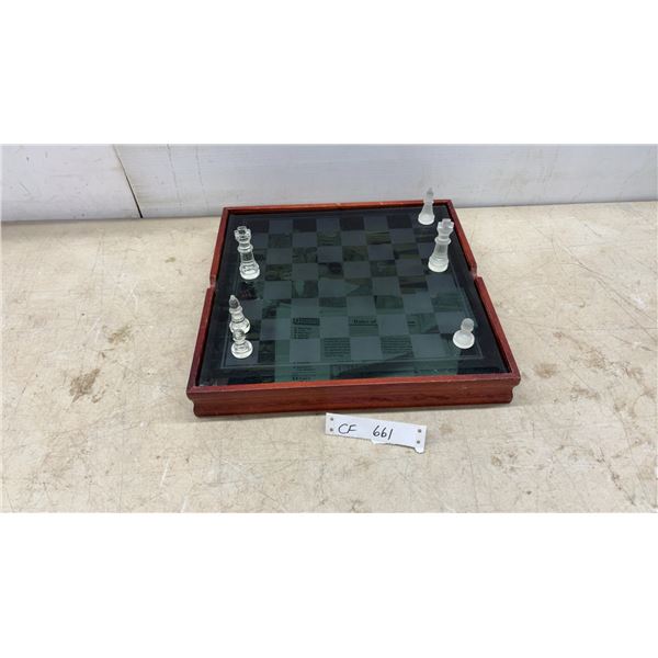 Chess, Checkers and Backgammon Set in Wood Case and Glass Top including Dice, Playing Pieces and
