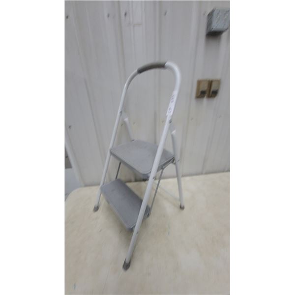 Two-Step Folding Step Stool with White Metal Frame and Grey Non-Slip Steps