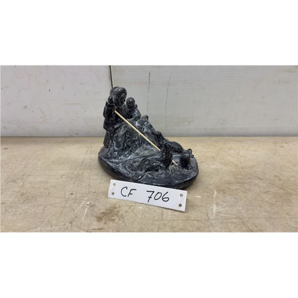 Soapstone Style Carving of Hunter, Child, and Seals with Fishing Spear, 5 1/2 × 8 × 5 1/2”