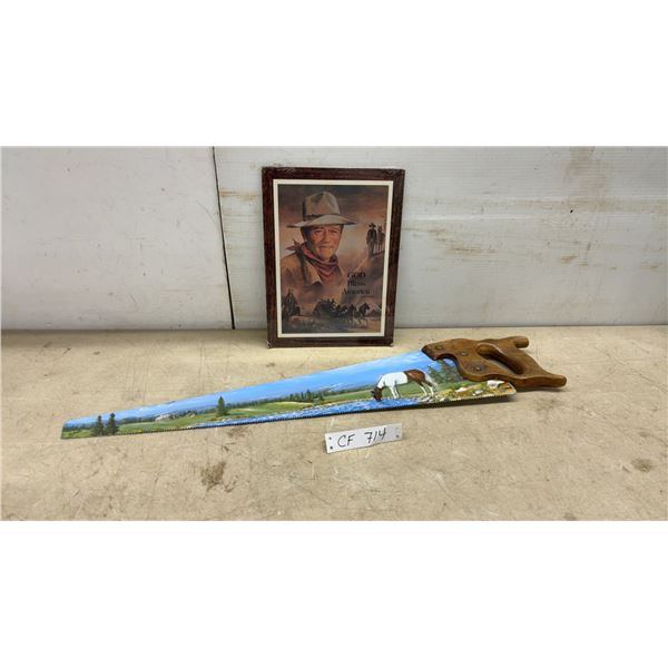 John Wayne "God Bless America" Framed Print and Hand Saw with Painted Landscape Scene