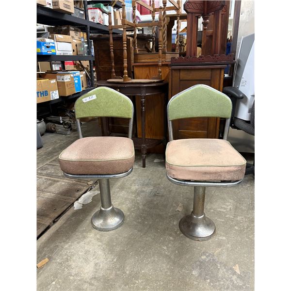 Pair of Vintage Diner Swivel Lunch Stools with Green Backs and Brown Seats