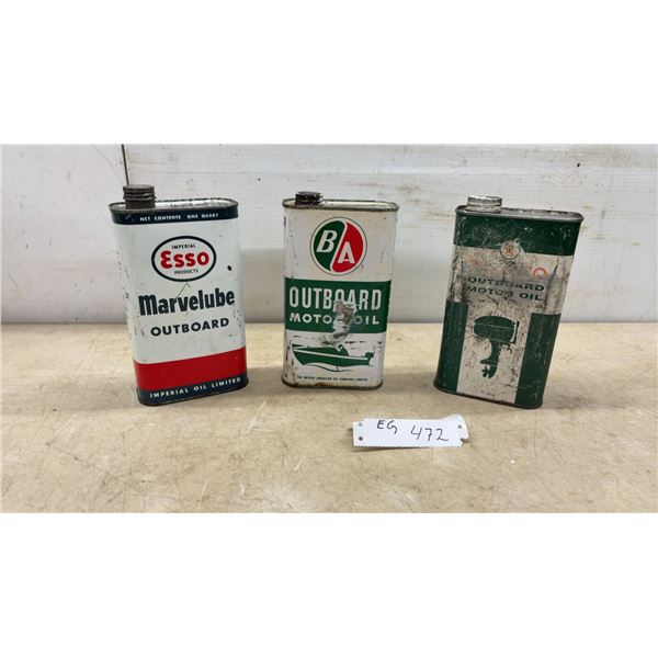 Three Vintage 1-Quart Outboard Motor Oil Cans: Esso Marvelube, B/A Outboard, and Texaco