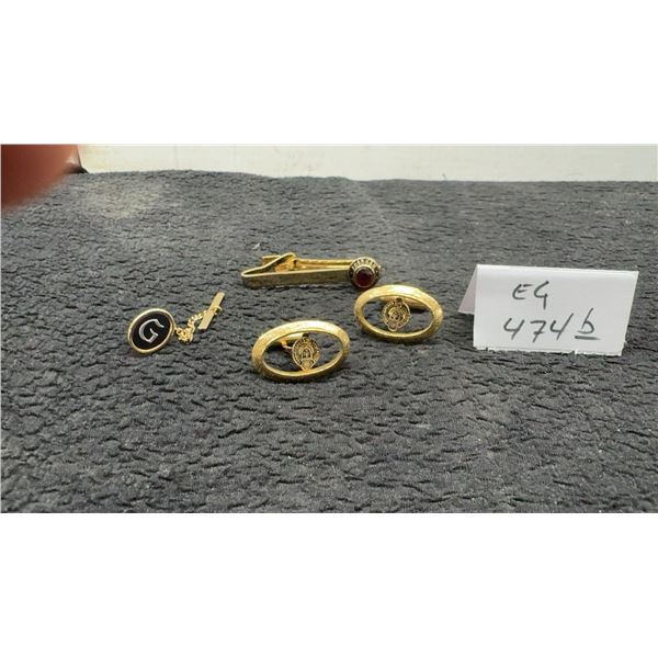 Men's Accessories: Pair of Cufflinks, Tie Clip with Red Stone, and "G" Lapel Pin