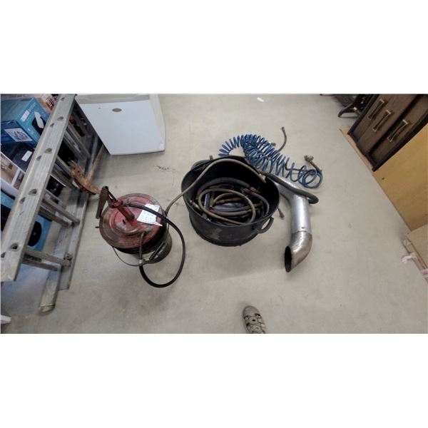 National D Series Spring-Driven Hose Reel, Coiled Air Hose, Exhaust Pipe
