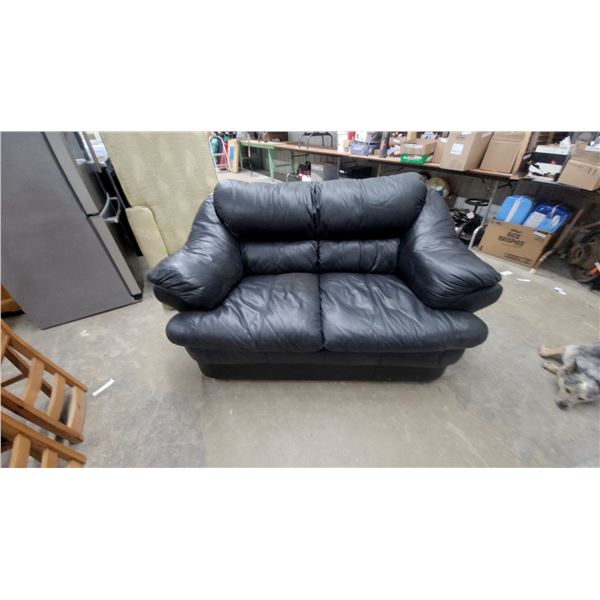 Black Leather Overstuffed Three-Seater Sofa 66”