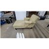 Image 2 : Light Green Upholstered Chaise Lounge with Leaf Pattern and Dark Wood Legs