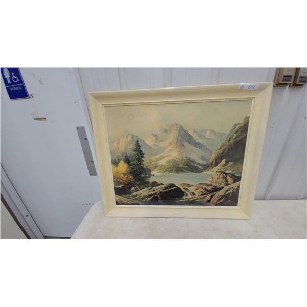 Framed Robert Wood Landscape Print with Waterfall and Rocky Cliffs 29”×35”