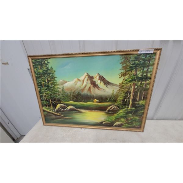 Framed Original Landscape Oil Painting with Mountain Face Illusion, Signed M.R. Lope 26”×38”