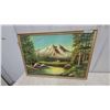 Image 1 : Framed Original Landscape Oil Painting with Mountain Face Illusion, Signed M.R. Lope 26”×38”