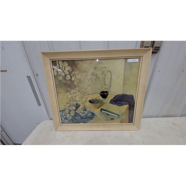 Framed Still Life Print with Botanical Branches, Blue Cloth, Cup, Book, and Glass Pitcher 29”×34”