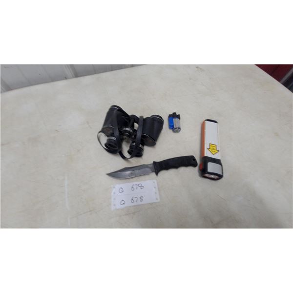 SOG Fixed-Blade Knife, Sears 7 × 35 Binoculars, Caution Laser Flashlight