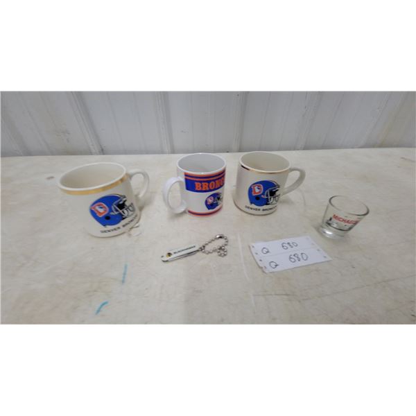 Denver Broncos Ceramic Mugs, Michael Shot Glass, Blackhawks Keychain