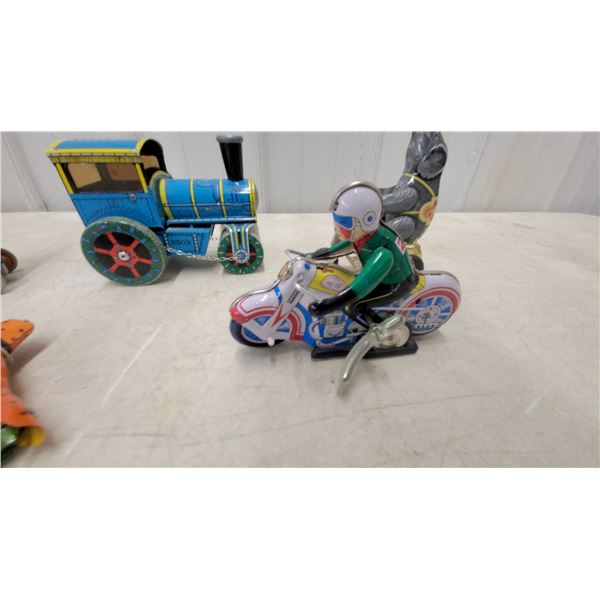 Vintage Japanese Tin Litho Toys, Nomura Space Patrol Cycle, Racing Motorcycle, Steam Roller and