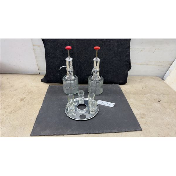 Two Vintage Glass and Chrome Seltzer Bottles, 5 Shot Glasses, and Chrome Tray