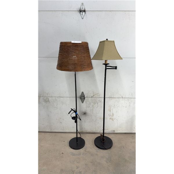 Two Floor Lamps: One with Brown Woven Shade, One with Tan Square Shade and Adjustable Arm