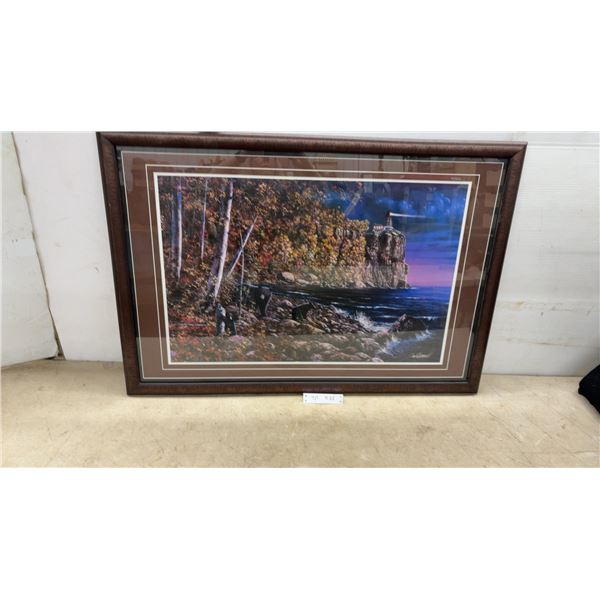Jim Hansel "Split Rock Lighthouse" Framed Print, Signed, and Brown Wood Frame, 27 × 39”
