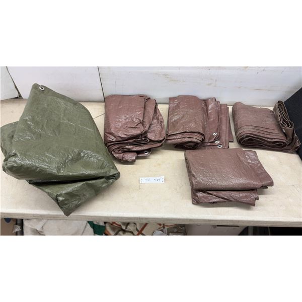 Assorted Tarps: Green and Brown Tarps, Some with Grommets
