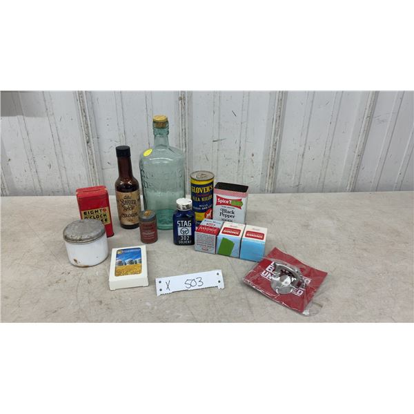 Vintage Gordon's Gin Bottle, Eight O'Clock Coffee Tin For Savings, Glover's Flea Killer, Bandages