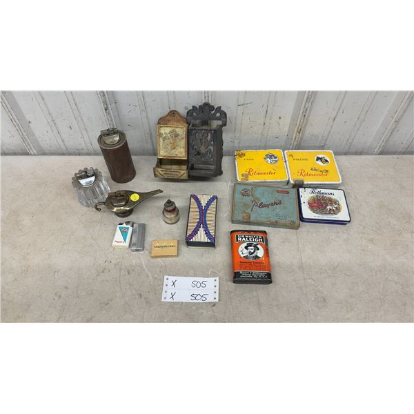 Vintage Smoking Collectibles: Sir Walter Raleigh Tobacco Tin, Lighters, and Tins