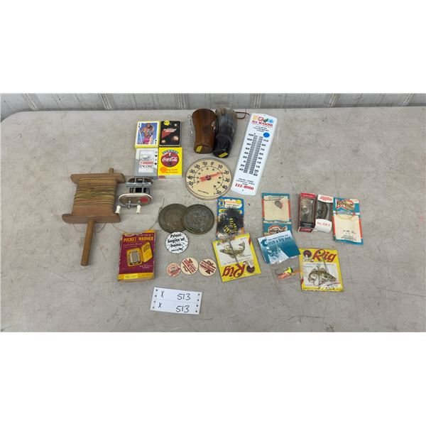Vintage Fishing Lures, Peacock Pocket Warmer, Playing Cards, Thermometers, Drinking Horns