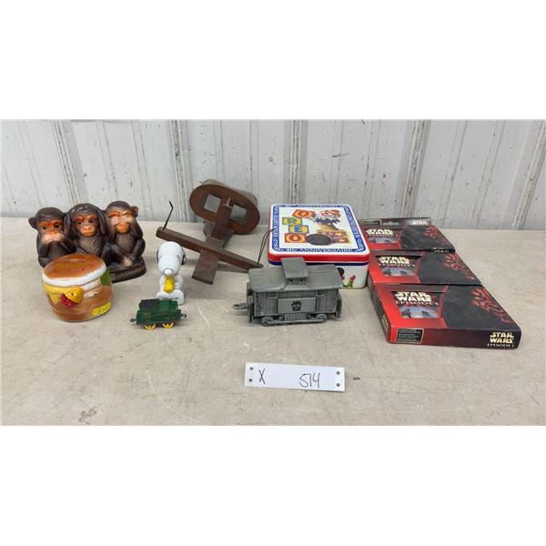 Vintage Wooden Stereoscope, Three Wise Monkeys, Snoopy, Oreo Tin, Star Wars Episode I
