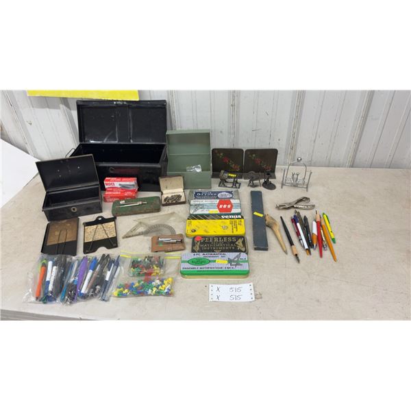 Vintage Mathematical Instrument Sets, Metal Cash Boxes, Bookends, Pens, Pencils, Push Pins