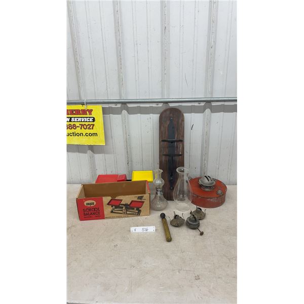 Ohaus School Balance Model 1200, Oil Lamp Parts, Wooden Wall Sconce
