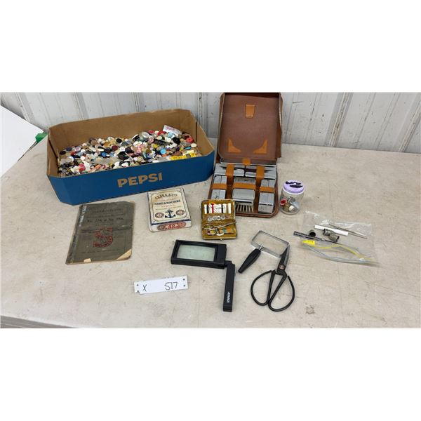 Vintage Sewing Lot: Buttons, Singer 27K and 28K Manual, Grooming Kit, Shears, Magnifier