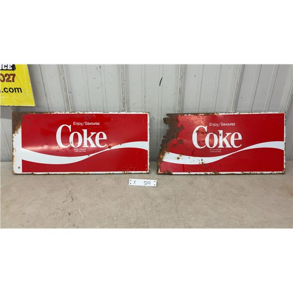 2 Vintage Coca-Cola "Enjoy/Savourez" Bilingual Metal Advertising Signs, 22”x10”