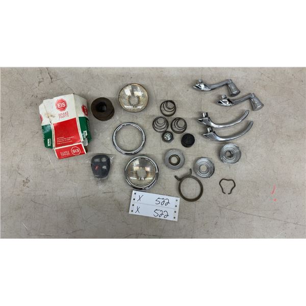 Vintage Automotive Parts Lot: EIS Brake Parts, Chrome Window Cranks, Headlights, GM Key Fob