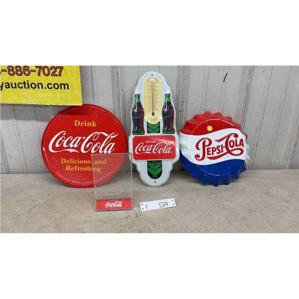 Modern Coca-Cola and Pepsi-Cola Advertising Signs, Coca-Cola Thermometer Sign, and Countertop