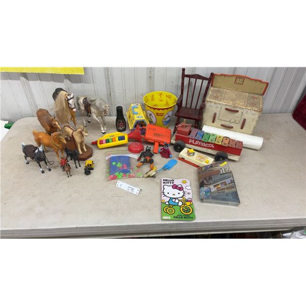 Vintage Toy Lot: Playskool Xylophone Pull Cart, Model Horses, Tin Stove, Hello Kitty Book