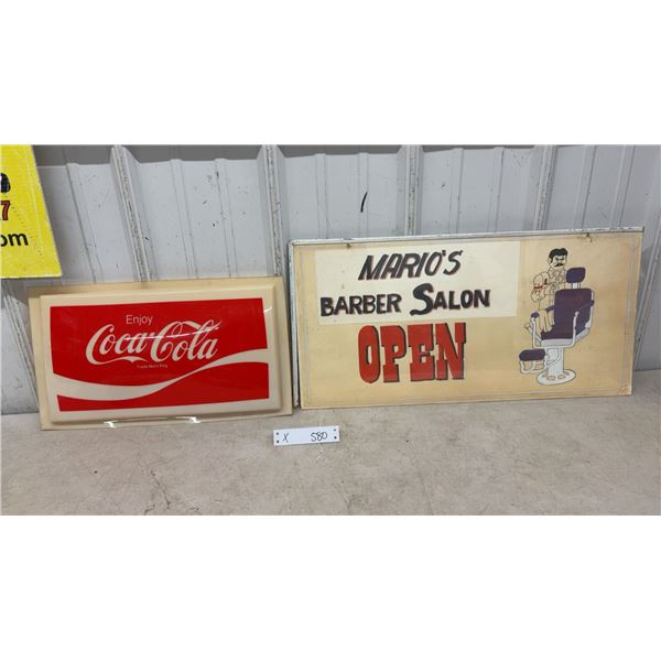 Coca-Cola Molded Plastic Insert and Mario's Barber Salon Double-Sided Sign “Open” “Closed”