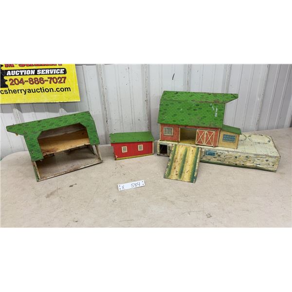 Vintage Tin Toy Farm Buildings Including Big Barn and Smaller Structure