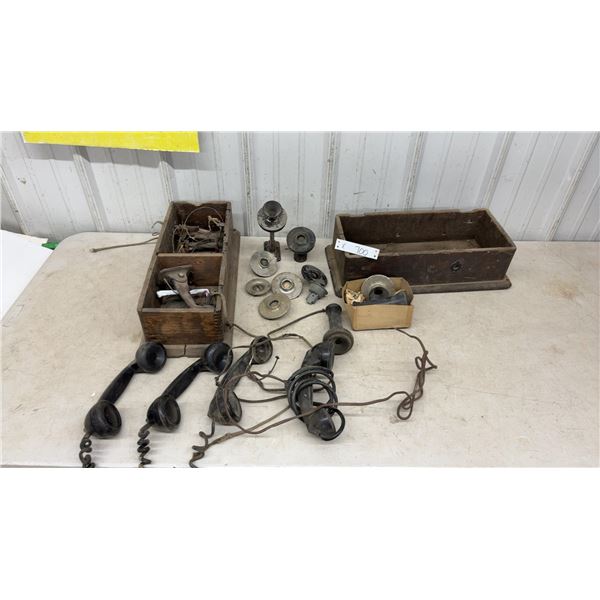 Antique Early 20th Century Telephone Box with Parts, Handsets, Receivers, Wooden Enclosures