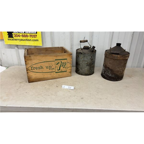Vintage "Fresh Up with 7up" Wooden Crate 17” x11.5” and Two Galvanized Gas Cans with Wood Handles