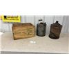 Image 1 : Vintage "Fresh Up with 7up" Wooden Crate 17” x11.5” and Two Galvanized Gas Cans with Wood Handles