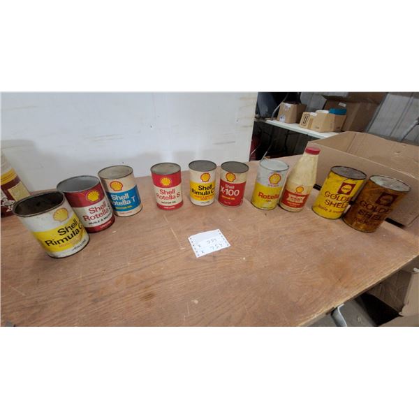 Vintage Shell Motor Oil Cans: Rotella, Rimula, X-100, and Golden Shell (10)