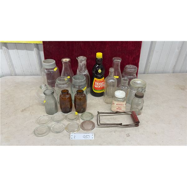 Vintage Glass Bottles and Jars Including Mrs. Butterworth's Syrup, Milk Bottles, Mason Jars and Mor