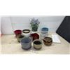 Image 1 : Assorted Planters and Pots: Red, Gray, White, and Gold Ceramic; Blue Plastic; Faux Lavender Plant