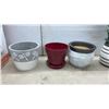 Image 2 : Assorted Planters and Pots: Red, Gray, White, and Gold Ceramic; Blue Plastic; Faux Lavender Plant