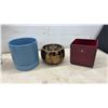 Image 4 : Assorted Planters and Pots: Red, Gray, White, and Gold Ceramic; Blue Plastic; Faux Lavender Plant