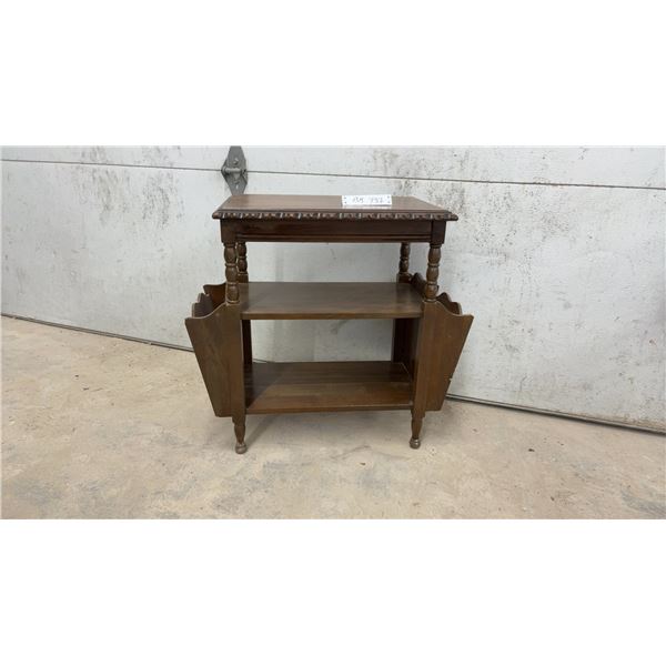Magazine Rack Side Table with Two Shelves and Scalloped Edges, 23 × 25 × 13 1/2”