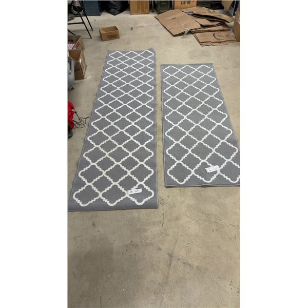 Two Matching Gray and White Trellis Pattern Runner Rugs, 26” wide x 6 Ft and 8 Ft Long