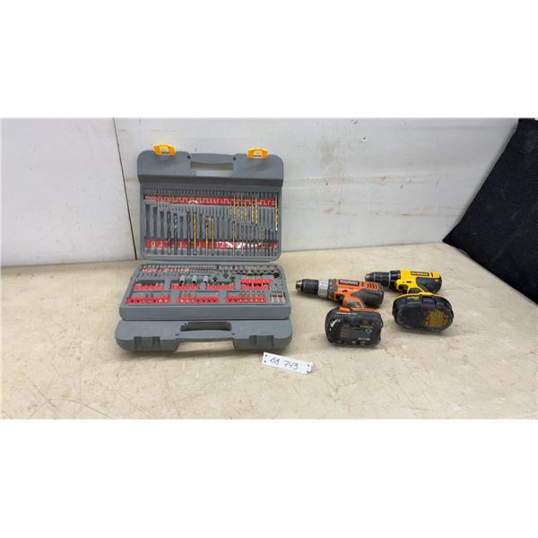 Ridgid and DeWalt Cordless Drills, NO Chargers, Drill Bit Set