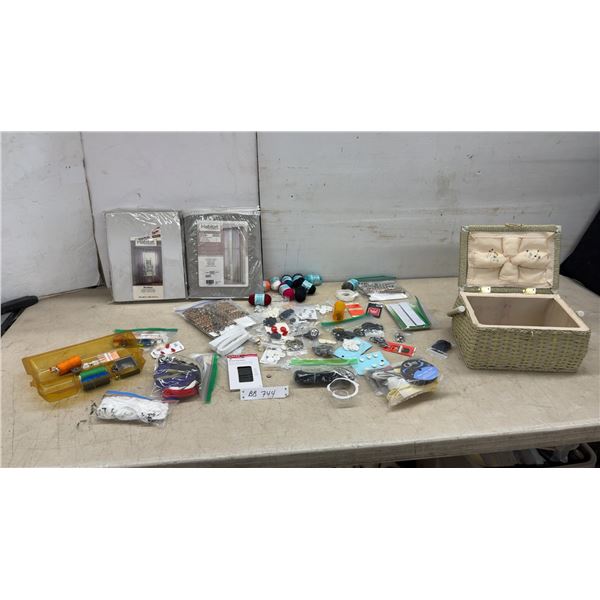 Woven Sewing Basket, Habitat Curtain Panels, Buttons, Thread, Zippers, Needles, and More Sewing