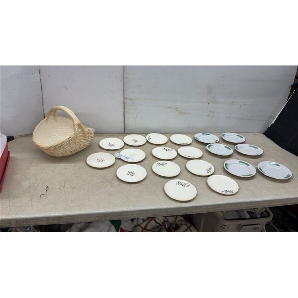 Woven Basket and 20 Assorted Saucers, Including 10 with Green Scrollwork and 10 with Floral and
