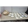Image 1 : Woven Basket and 20 Assorted Saucers, Including 10 with Green Scrollwork and 10 with Floral and