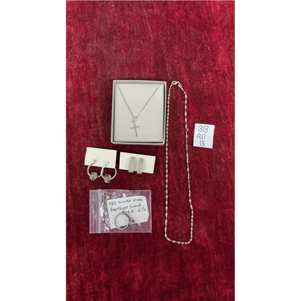 Sterling Silver .925 Lot: Peoples Jewellers Cross Pendant Chain Necklace with Box, Amethyst Ring
