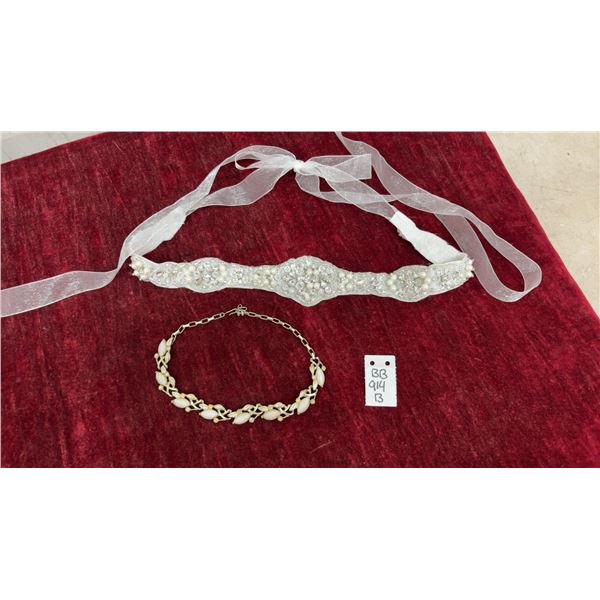 Bridal Dress Belt with Vintage Gold-Tone Milky Cabochon Leaf Necklace